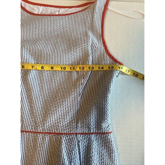 Jessica Simpson Blue White Seersucker Dress Orange Trim Pockets Lined Size 8 - Picture 7 of 10